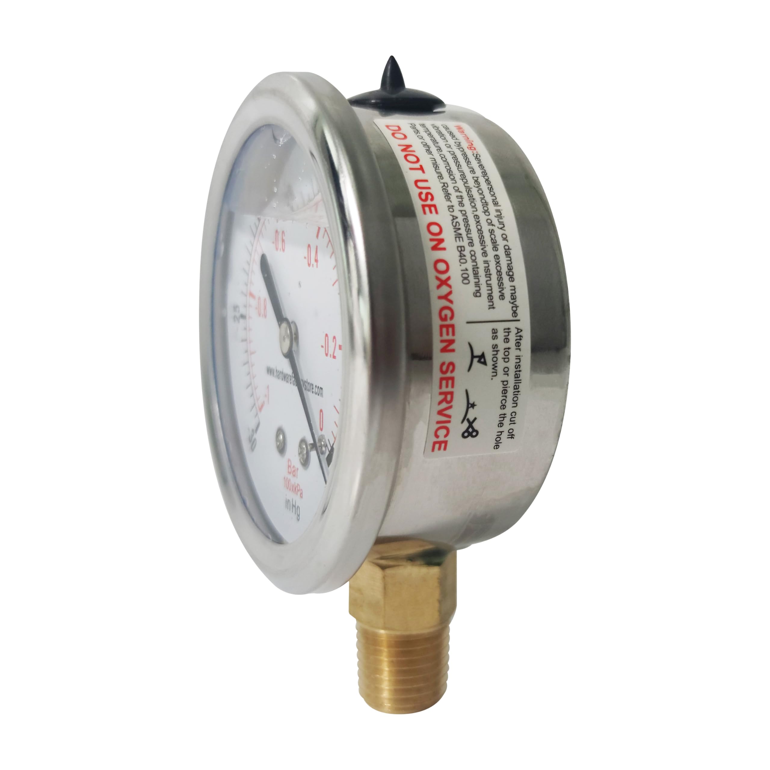 HFS(R) -30 inHg-0 PSI Vacuum Pressure Gauge Glycerin Liquid Filled, 2.5" Dial Size, 1/4" NPT Lower Mount, Stainless Steel Case, PSI and Bar Dual Scale - Image 3