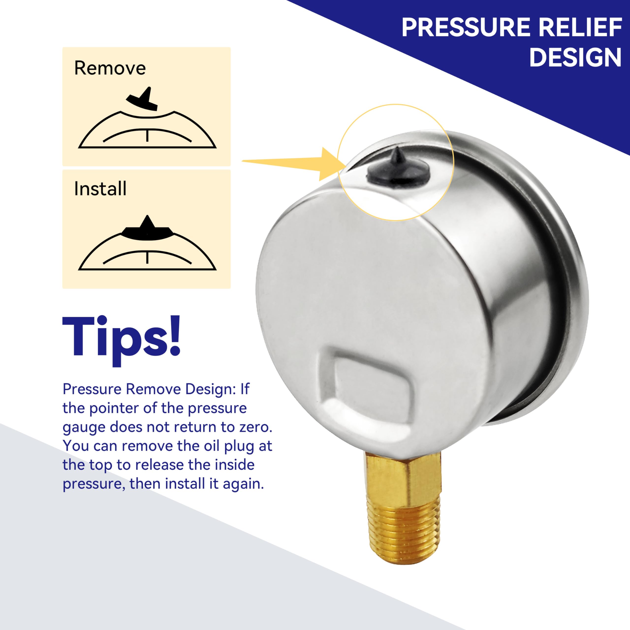 HFS(R) -30inHg-0-150psi Vacuum Pressure Gauge Glycerin Liquid Filled, 2.5" Dial Size, 1/4" NPT Lower Mount, Stainless Steel Case, PSI and Bar Dual Scale - Image 4