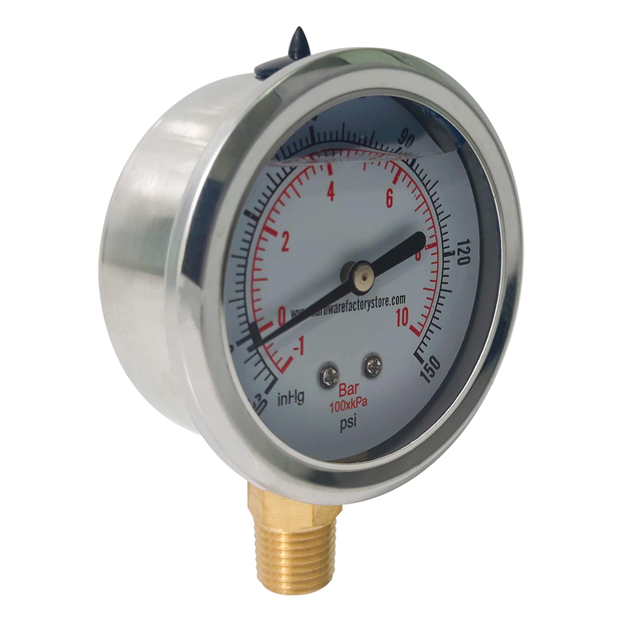 HFS(R) -30inHg-0-150psi Vacuum Pressure Gauge Glycerin Liquid Filled, 2.5" Dial Size, 1/4" NPT Lower Mount, Stainless Steel Case, PSI and Bar Dual Scale - Image 7