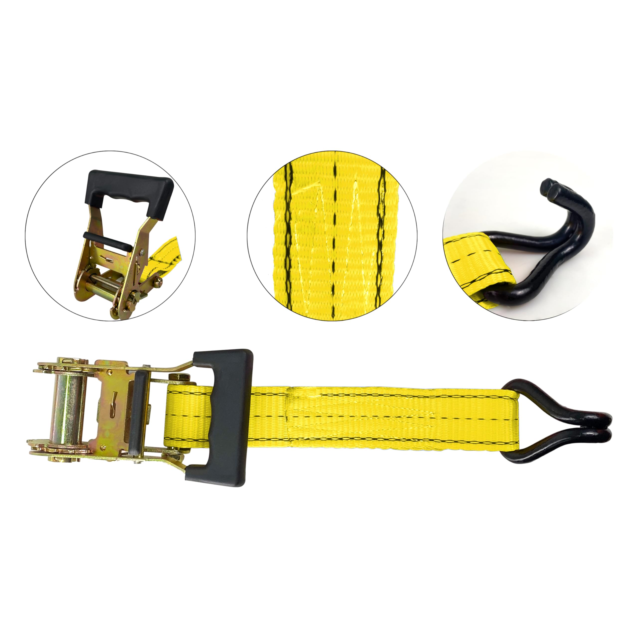 HFS(R) 4PC 1-1/2" x 15 ft Heavy Duty Ratchet Cargo Tie Down Straps 3000lbs Dual J-Hooks (Yellow) - Image 5